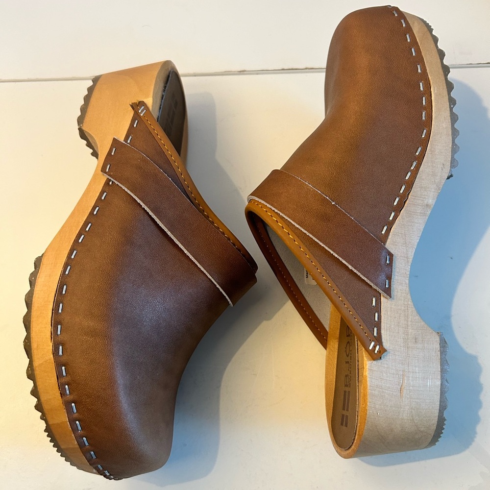 BJORK Maja Brown Leather Mule Clog with Wooden Sole Open Back Sz 39  8-8.5 - Picture 8 of 16